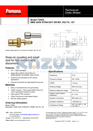 72985 datasheet - SMB JACK STRAIGHT CRIMP, RG179, 187