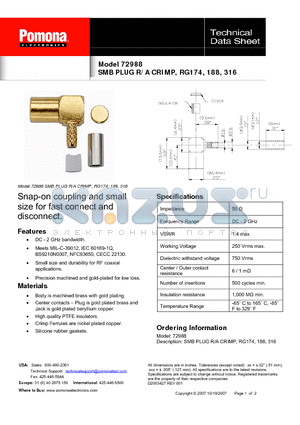 72988 datasheet - SMB PLUG R/A CRIMP, RG174, 188, 316