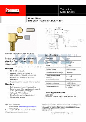 72991 datasheet - SMB JACK R/A CRIMP, RG178, 196