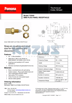 72999 datasheet - SMB PLUG PANEL RECEPTACLE