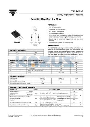 72CPQ030 datasheet - Schottky Rectifier, 2 x 35 A