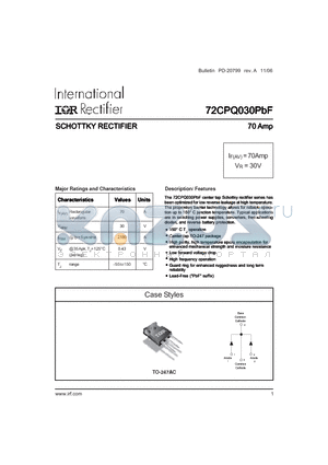 72CPQ030PBF datasheet - SCHOTTKY RECTIFIER 70 Amp