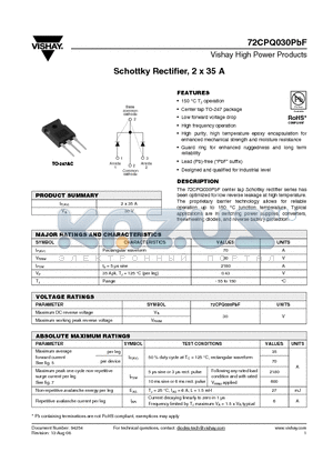 72CPQ030PBF datasheet - Schottky Rectifier, 2 x 35 A