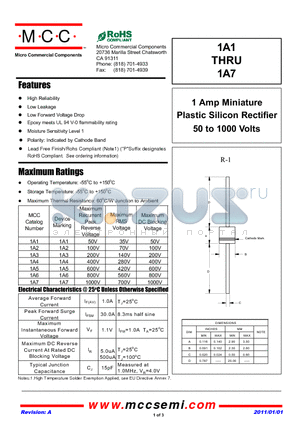 1A6 datasheet - 1 Amp Miniature Plastic Silicon Rectifier 50 to 1000 Volts