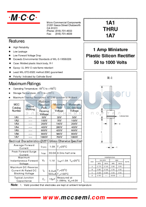1A7 datasheet - 1 Amp Miniature Plastic Silicon Rectifier 50 to 1000 Volts