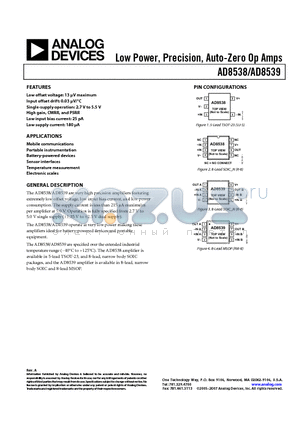 1AD8538ARZ-REEL datasheet - Low Power, Precision, Auto-Zero Op Amps