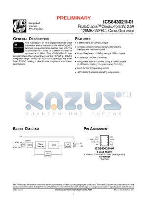 1AI01 datasheet - FEMTOCLOCKS-TM CRYSTAL-TO-3.3V, 2.5V 125MHZ LVPECL CLOCK GENERATOR