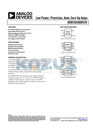 1AD8538AUJZ-REEL datasheet - Low Power, Precision, Auto-Zero Op Amps