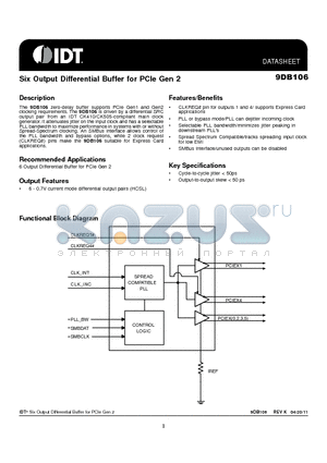 9DB106BGLF datasheet - Six Output Differential Buffer for PCIe Gen 2