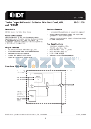 9DB1200CGLF datasheet - Twelve Output Differential Buffer for PCIe Gen1/Gen2, QPI, and FBDIMM