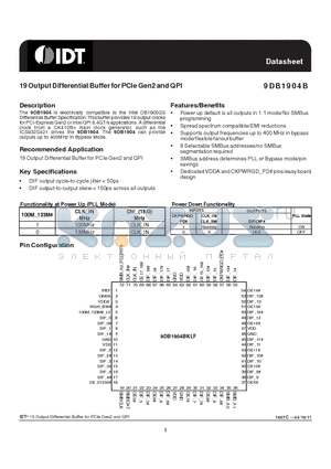 9DB1904BKLFT datasheet - 19 Output Differential Buffer for PCIe Gen2 and QPI