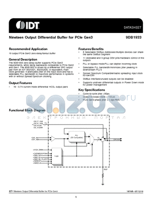 9DB1933AKLFT datasheet - Nineteen Output Differential Buffer for PCIe Gen3