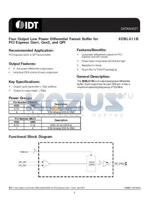 9DBL411BGILFT datasheet - Four Output Low Power Differential Fanout Buffer for PCI Express Gen1, Gen2, and QPI