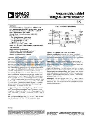 1B22AN datasheet - Programmable, Isolated Voltage-to-Current Converter
