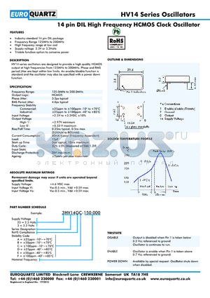 25HV14GC-150.000 datasheet - 14 pin DIL High Frequency HCMOS Clock Oscillator