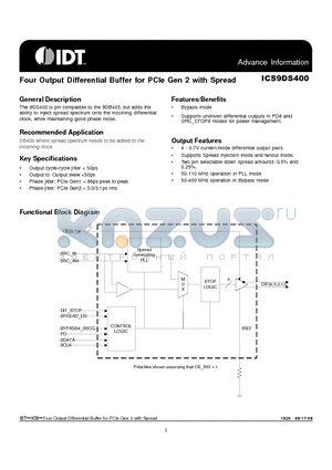 9DS400AGILFT datasheet - Four Output Differential Buffer for PCIe Gen 2 with Spread