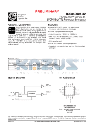 1C32 datasheet - FEMTOCLOCKS-TM CRYSTAL-TO LVCMOS/LVTTL FREQUENCY SYNTHESIZER