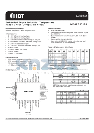 9ERS3125BKILFT datasheet - Embedded 56-pin Industrial Temperature Range CK505 Compatible Clock