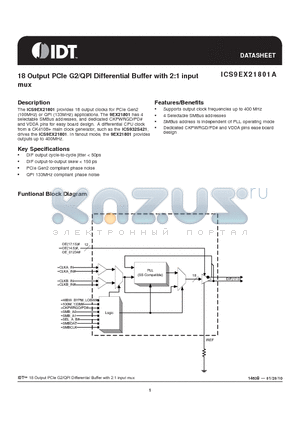 9EX21801AKLFT datasheet - 18 Output PCIe G2/QPI Differential Buffer with 2:1 input mux