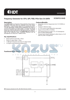 9FG104DFILFT datasheet - Frequency Generator for CPU, QPI, FBD, PCIe Gen 2 & SATA