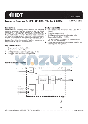9FG108DFILFT datasheet - Frequency Generator for CPU, QPI, FBD, PCIe Gen 2 & SATA