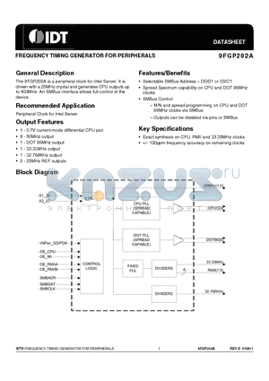 9FGP202AKLF datasheet - FREQUENCY TIMING GENERATOR FOR PERIPHERALS