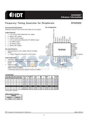 9FGP205 datasheet - Frequency Timing Generator for Peripherals