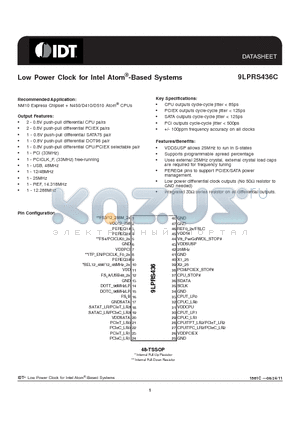 9LPRS436CGLFT datasheet - Low Power Clock for Intel Atom^-Based Systems