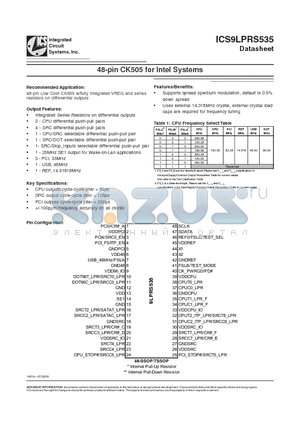 9LPRS535CFLF datasheet - 48-pin CK505 for Intel Systems