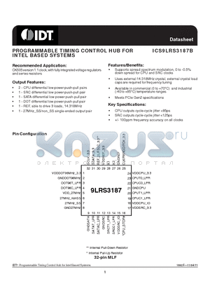 9LRS3187BKLF datasheet - PROGRAMMABLE TIMING CONTROL HUB FOR INTEL BASED SYSTEMS