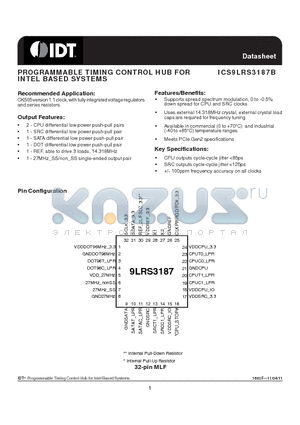 9LRS3187BKILFT datasheet - PROGRAMMABLE TIMING CONTROL HUB FOR INTEL BASED SYSTEMS