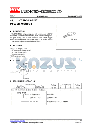 9N70L-TA3-T datasheet - 9A, 700V N-CHANNEL POWER MOSFET
