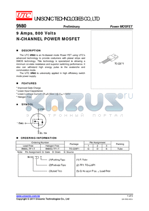 9N80G-TF1-T datasheet - 9 Amps, 800 Volts N-CHANNEL POWER MOSFET