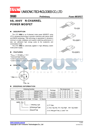 9N80L-TF1-T datasheet - 9A, 800V N-CHANNEL POWER MOSFET