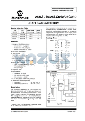 25LC040P datasheet - 4K SPI Bus Serial EEPROM