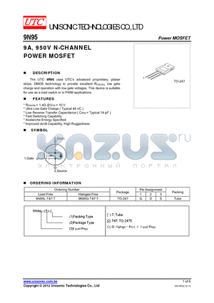 9N95G-T47-T datasheet - 9A, 950V N-CHANNEL POWER MOSFET