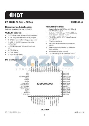 9UMS9001 datasheet - PC MAIN CLOCK - CK540