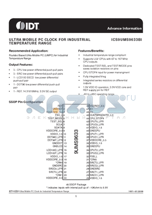 9UMS9633 datasheet - ULTRA MOBILE PC CLOCK FOR INDUSTRIAL TEMPERATURE RANGE