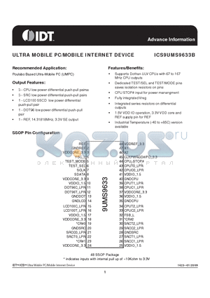 9UMS9633BKLFT datasheet - ULTRA MOBILE PC/MOBILE INTERNET DEVICE