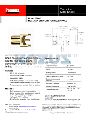 73007 datasheet - MCX JACK STRAIGHT PCB RECEPTACLE