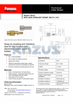 73010 datasheet - MCX JACK STRAIGHT CRIMP, RG174, 316