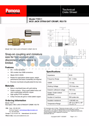 73011 datasheet - MCX JACK STRAIGHT CRIMP, RG178