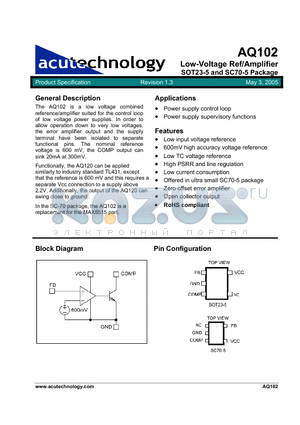 AQ102 datasheet - Low-Voltage Ref/Amplifier SOT23-5 and SC70-5 Package