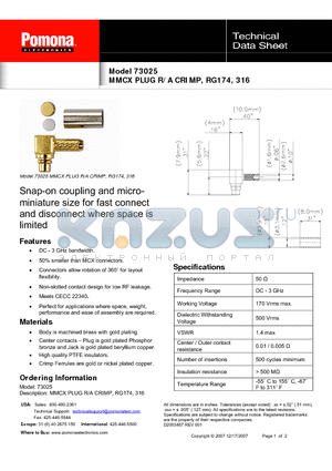 73025 datasheet - MMCX PLUG R/A CRIMP, RG174, 316