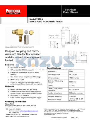 73026 datasheet - MMCX PLUG R/A CRIMP, RG178