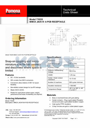 73028 datasheet - MMCX JACK R/A PCB RECEPTACLE