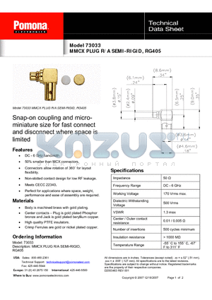 73033 datasheet - MMCX PLUG R/A SEMI-RIGID, RG405