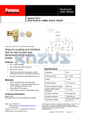 73017 datasheet - MCX PLUG R/A SEMI-RIGID, RG405