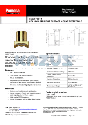 73018 datasheet - MCX JACK STRAIGHT SURFACE MOUNT RECEPTACLE