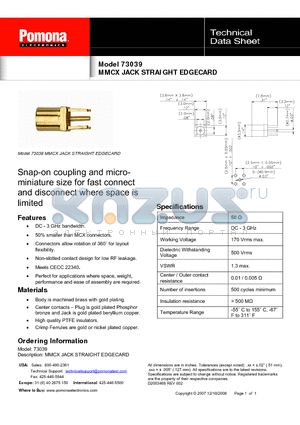 73039 datasheet - MMCX JACK STRAIGHT EDGECARD